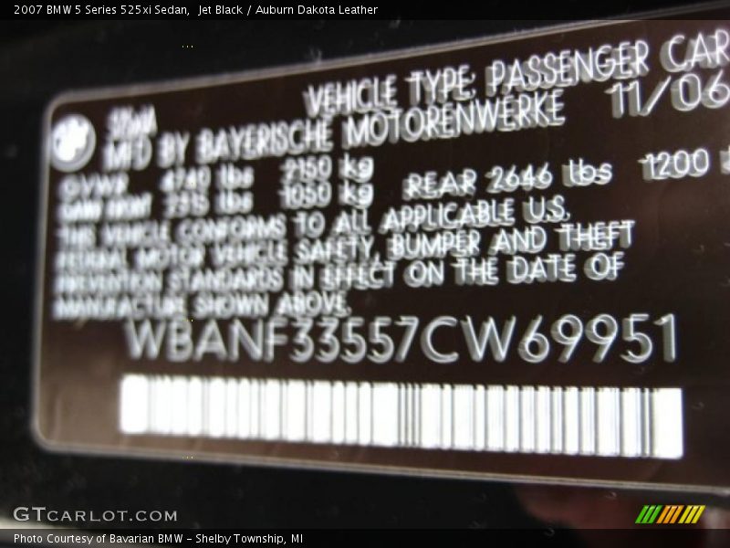 Jet Black / Auburn Dakota Leather 2007 BMW 5 Series 525xi Sedan
