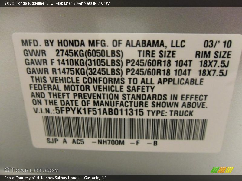 Alabaster Silver Metallic / Gray 2010 Honda Ridgeline RTL