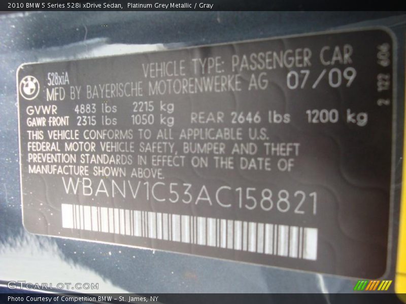 Platinum Grey Metallic / Gray 2010 BMW 5 Series 528i xDrive Sedan