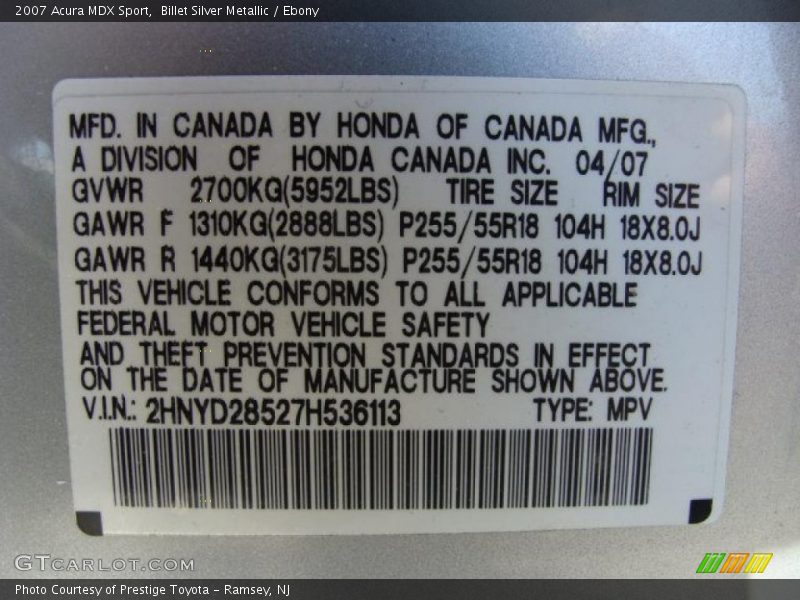 Billet Silver Metallic / Ebony 2007 Acura MDX Sport