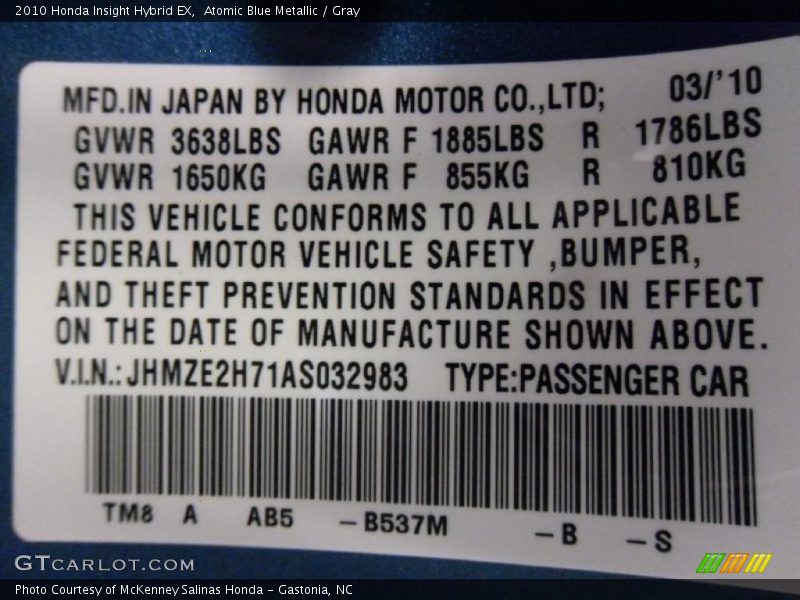 Atomic Blue Metallic / Gray 2010 Honda Insight Hybrid EX