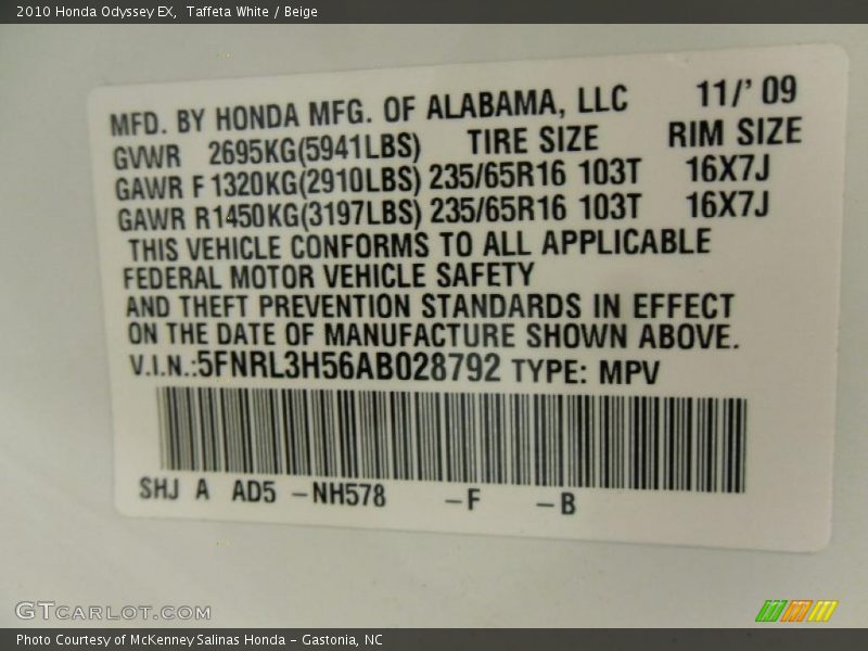 Taffeta White / Beige 2010 Honda Odyssey EX