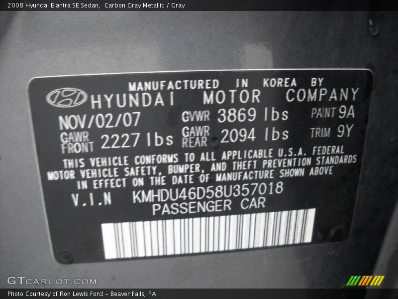 Carbon Gray Metallic / Gray 2008 Hyundai Elantra SE Sedan