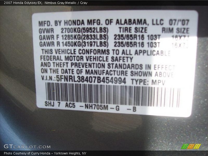 Nimbus Gray Metallic / Gray 2007 Honda Odyssey EX