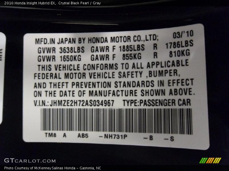 Crystal Black Pearl / Gray 2010 Honda Insight Hybrid EX
