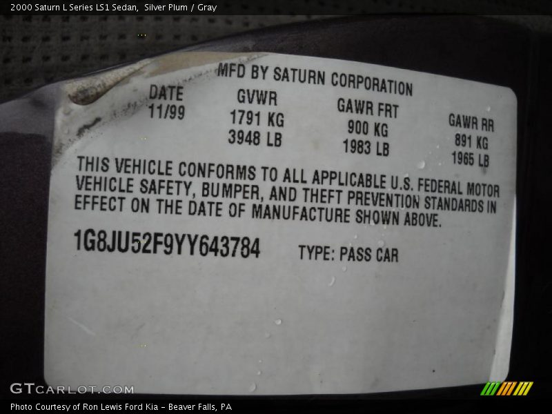 Silver Plum / Gray 2000 Saturn L Series LS1 Sedan