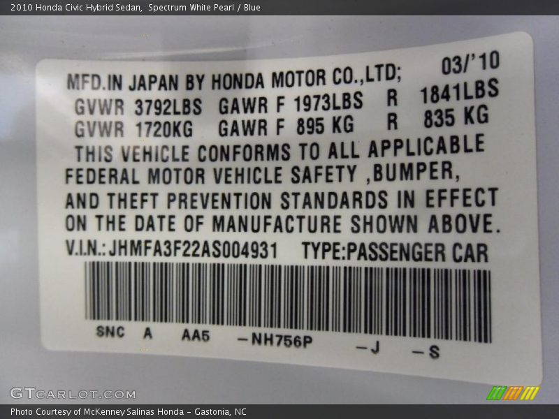 Spectrum White Pearl / Blue 2010 Honda Civic Hybrid Sedan