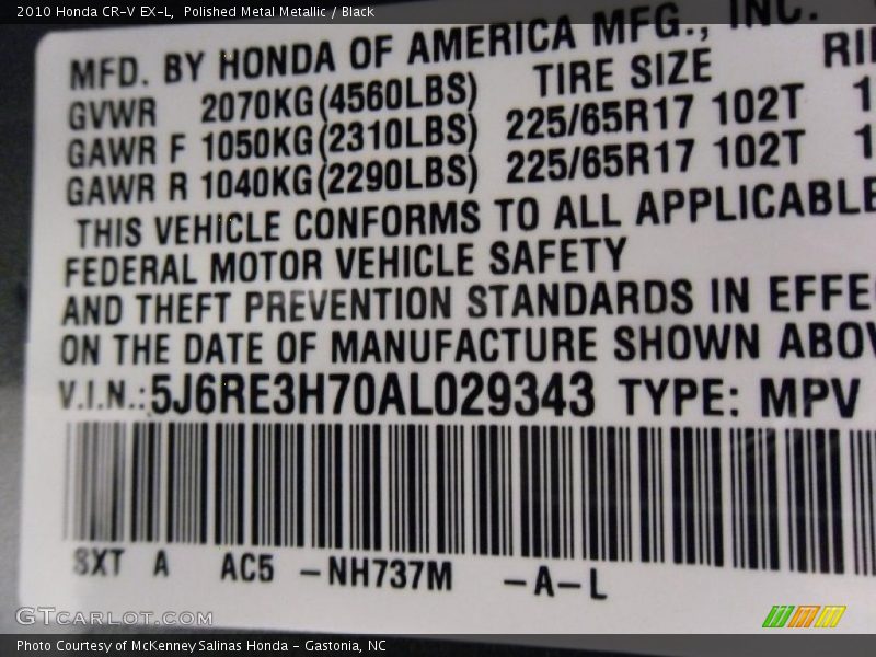 Polished Metal Metallic / Black 2010 Honda CR-V EX-L