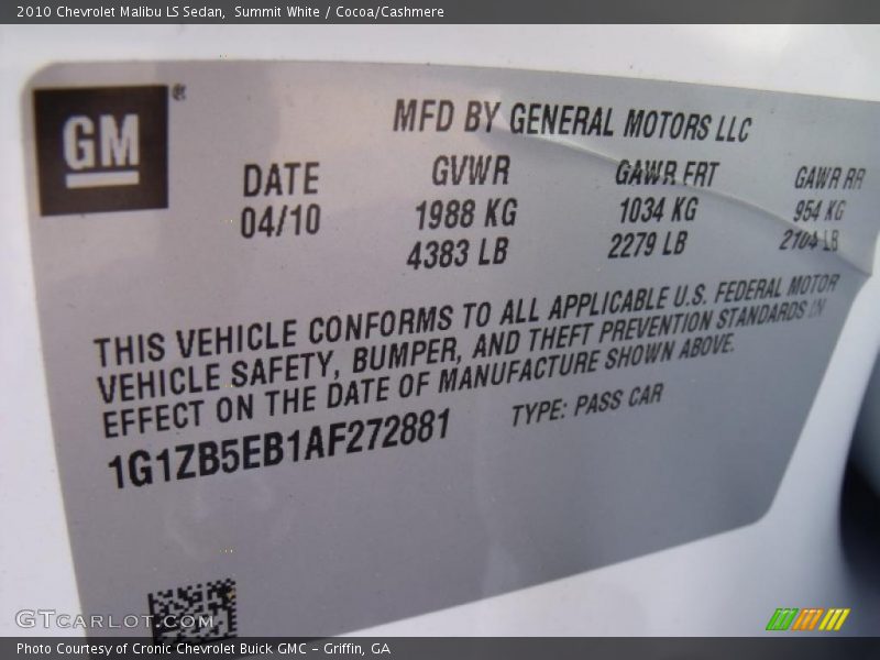 Summit White / Cocoa/Cashmere 2010 Chevrolet Malibu LS Sedan
