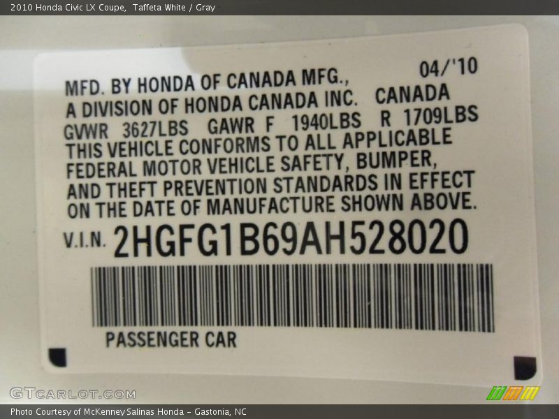 Taffeta White / Gray 2010 Honda Civic LX Coupe
