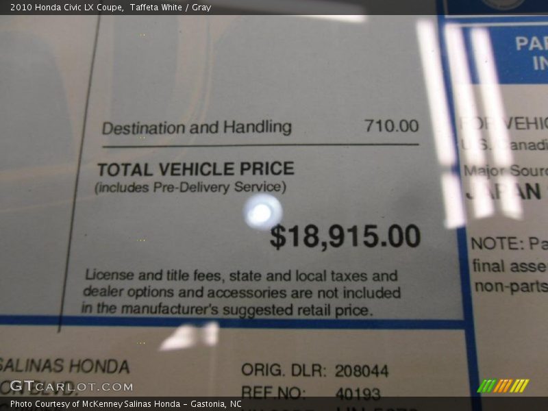 Taffeta White / Gray 2010 Honda Civic LX Coupe