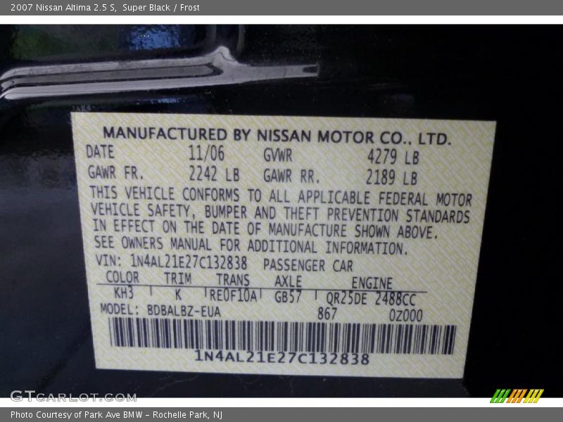 Super Black / Frost 2007 Nissan Altima 2.5 S
