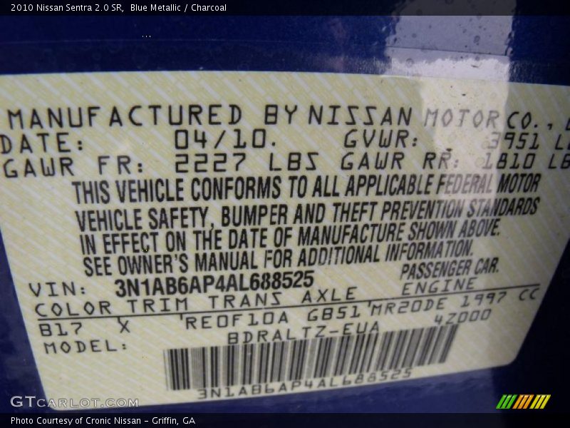 Blue Metallic / Charcoal 2010 Nissan Sentra 2.0 SR