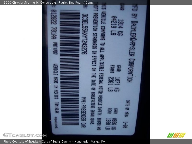 Patriot Blue Pearl / Camel 2000 Chrysler Sebring JXi Convertible