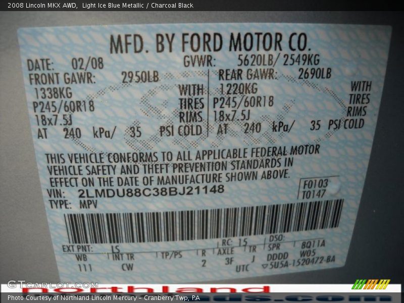 Light Ice Blue Metallic / Charcoal Black 2008 Lincoln MKX AWD