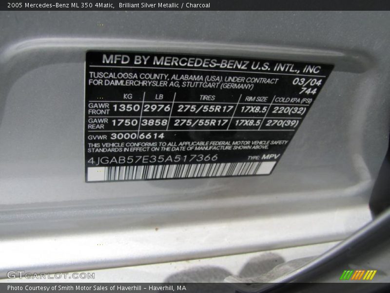 Brilliant Silver Metallic / Charcoal 2005 Mercedes-Benz ML 350 4Matic