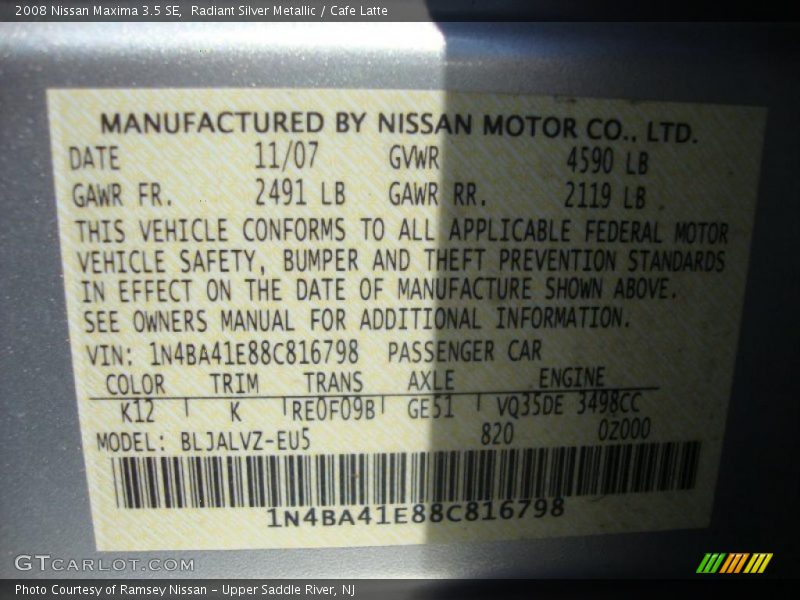 Radiant Silver Metallic / Cafe Latte 2008 Nissan Maxima 3.5 SE