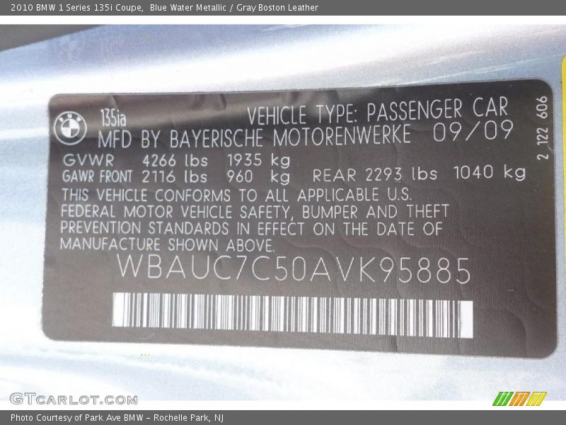Blue Water Metallic / Gray Boston Leather 2010 BMW 1 Series 135i Coupe