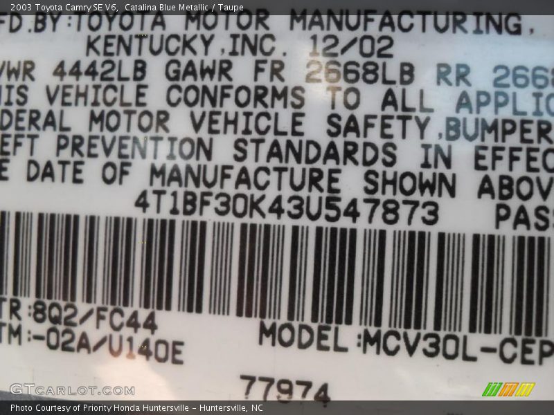 Catalina Blue Metallic / Taupe 2003 Toyota Camry SE V6