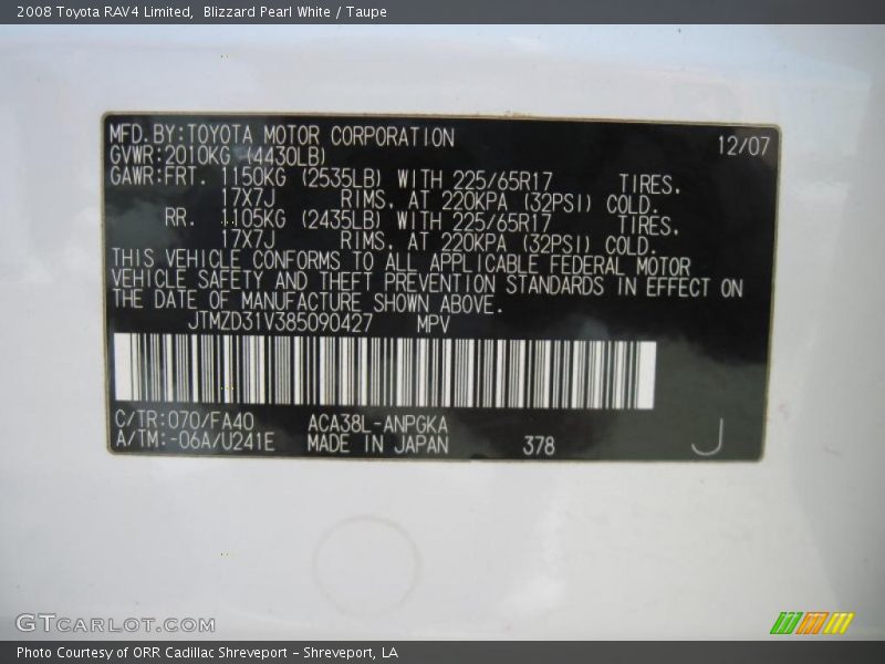 Blizzard Pearl White / Taupe 2008 Toyota RAV4 Limited