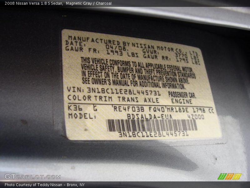 Magnetic Gray / Charcoal 2008 Nissan Versa 1.8 S Sedan