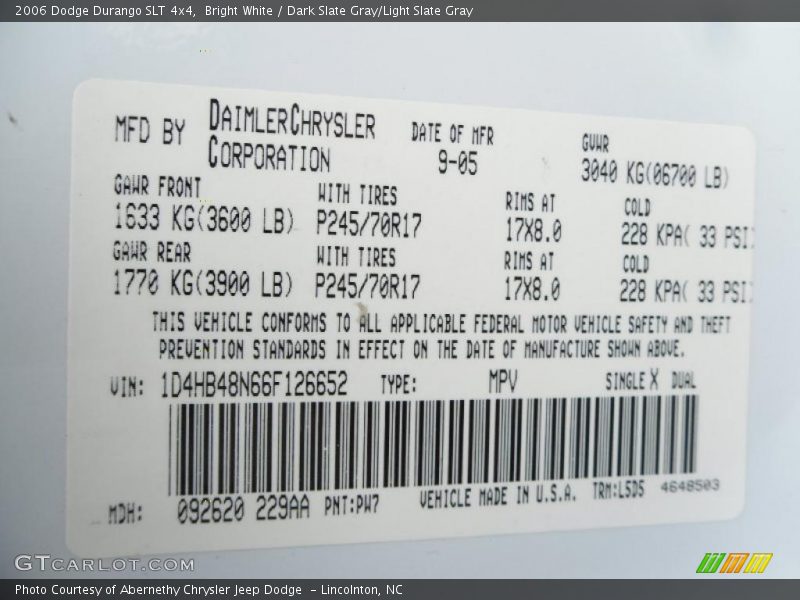 Bright White / Dark Slate Gray/Light Slate Gray 2006 Dodge Durango SLT 4x4