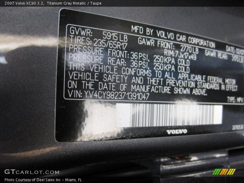 Titanium Gray Metallic / Taupe 2007 Volvo XC90 3.2
