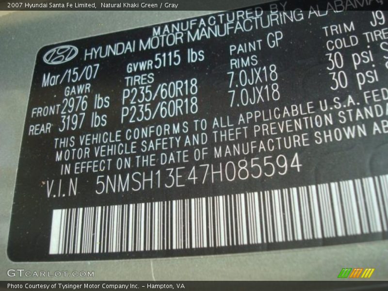 Natural Khaki Green / Gray 2007 Hyundai Santa Fe Limited