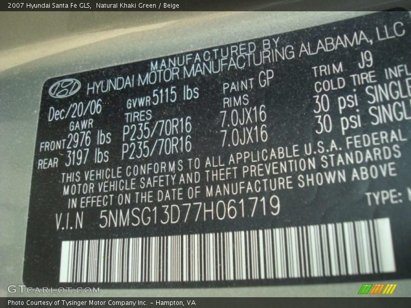 Natural Khaki Green / Beige 2007 Hyundai Santa Fe GLS