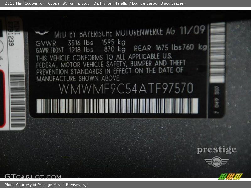 Dark Silver Metallic / Lounge Carbon Black Leather 2010 Mini Cooper John Cooper Works Hardtop