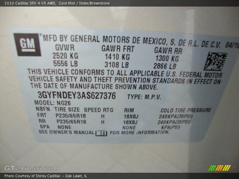 Gold Mist / Shale/Brownstone 2010 Cadillac SRX 4 V6 AWD