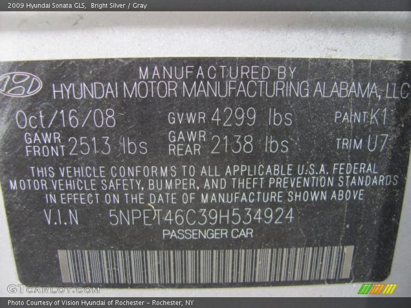 Bright Silver / Gray 2009 Hyundai Sonata GLS