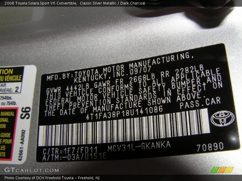 Classic Silver Metallic / Dark Charcoal 2008 Toyota Solara Sport V6 Convertible