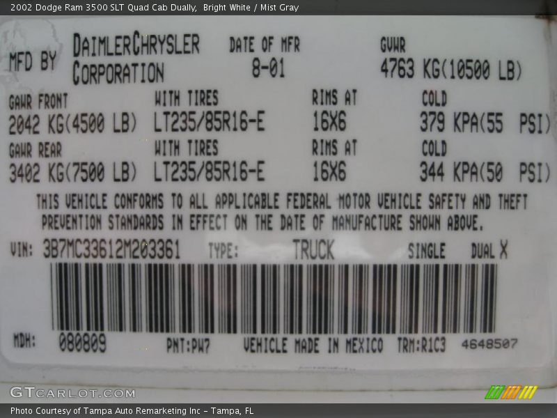 Bright White / Mist Gray 2002 Dodge Ram 3500 SLT Quad Cab Dually