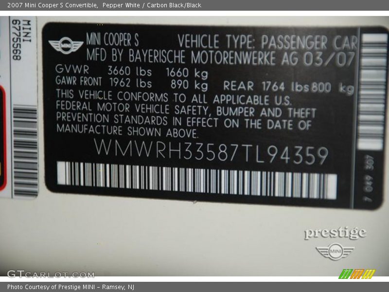 Pepper White / Carbon Black/Black 2007 Mini Cooper S Convertible