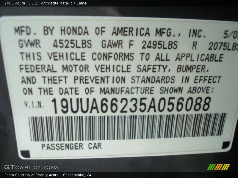 Anthracite Metallic / Camel 2005 Acura TL 3.2