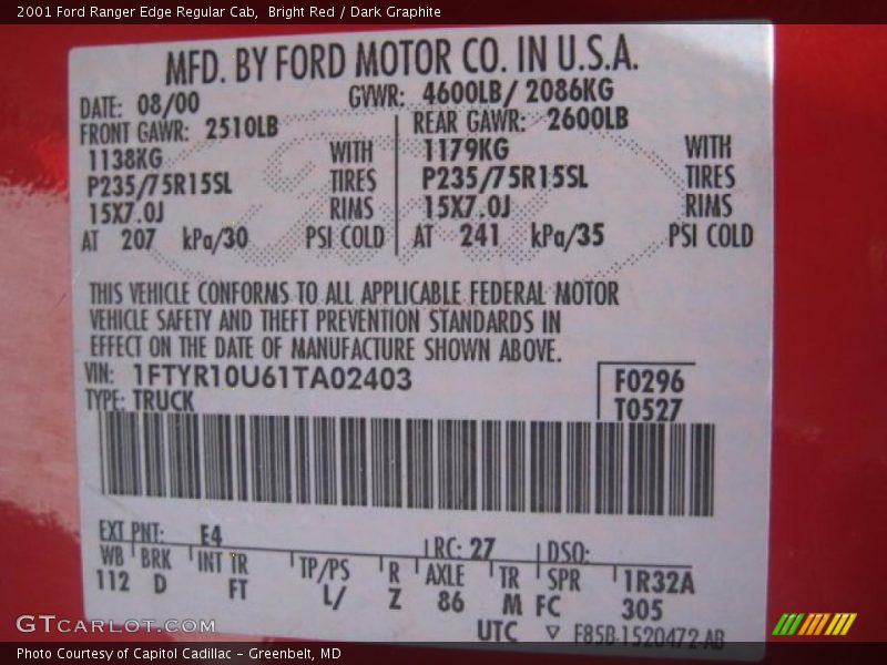 Bright Red / Dark Graphite 2001 Ford Ranger Edge Regular Cab