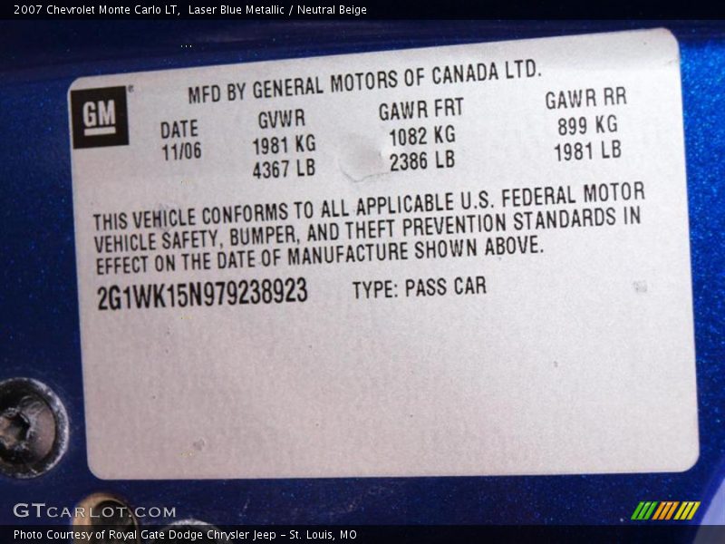 Laser Blue Metallic / Neutral Beige 2007 Chevrolet Monte Carlo LT