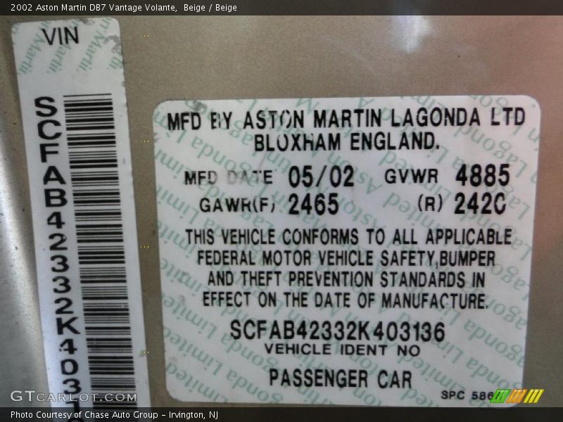 Beige / Beige 2002 Aston Martin DB7 Vantage Volante