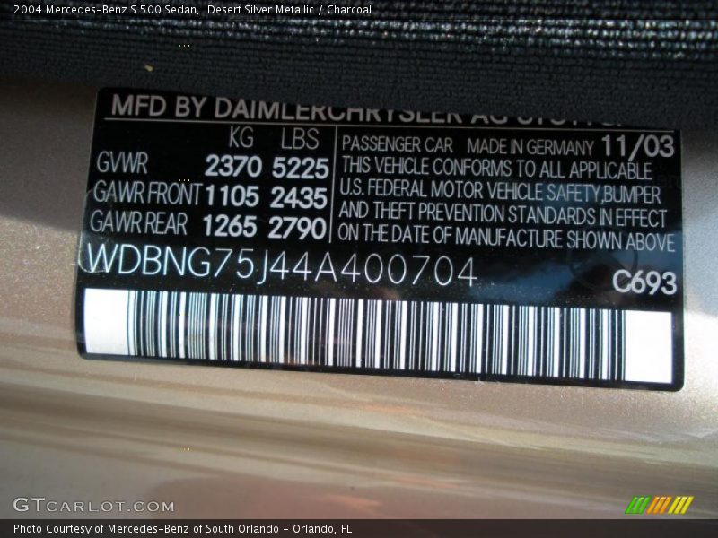 Desert Silver Metallic / Charcoal 2004 Mercedes-Benz S 500 Sedan