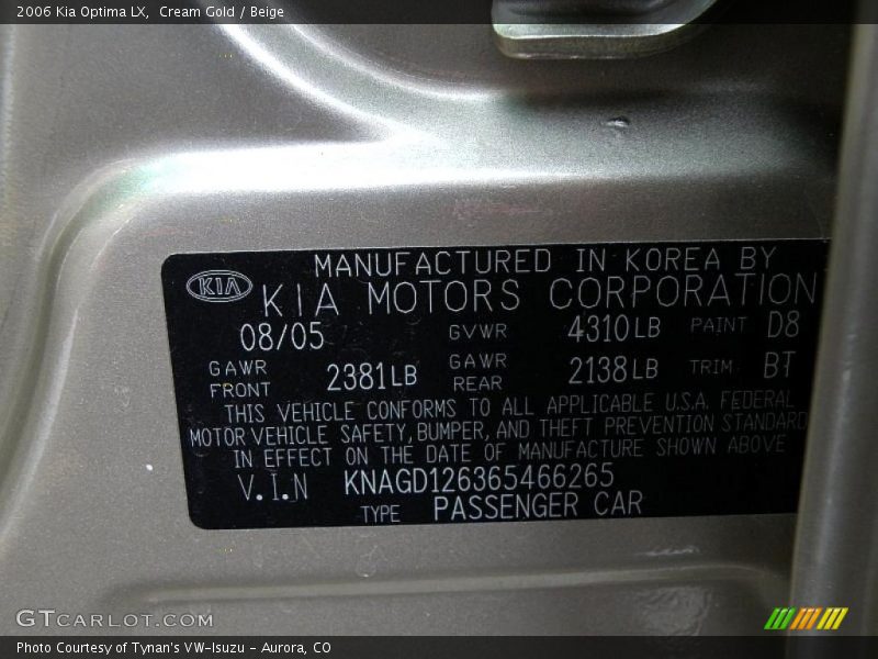 Cream Gold / Beige 2006 Kia Optima LX