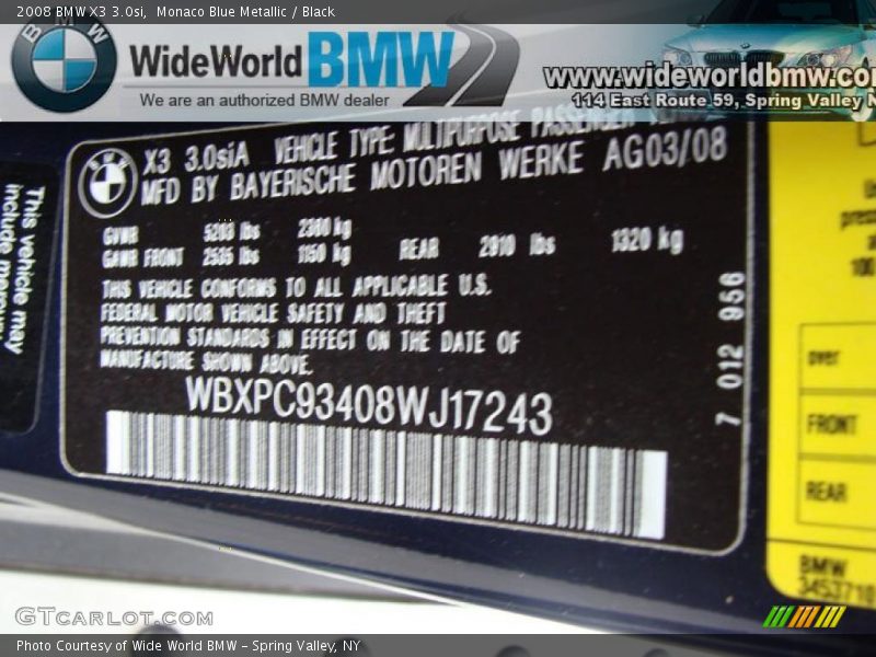 Monaco Blue Metallic / Black 2008 BMW X3 3.0si