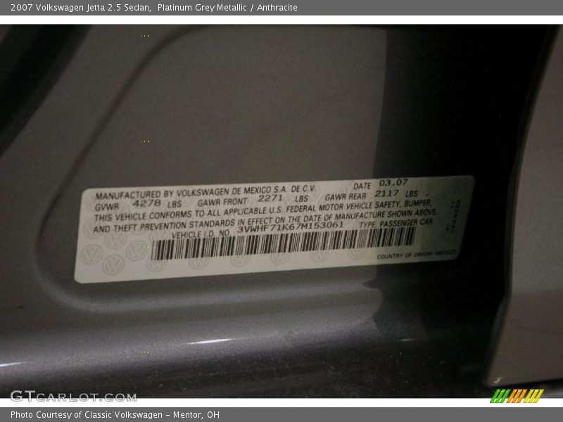 Platinum Grey Metallic / Anthracite 2007 Volkswagen Jetta 2.5 Sedan