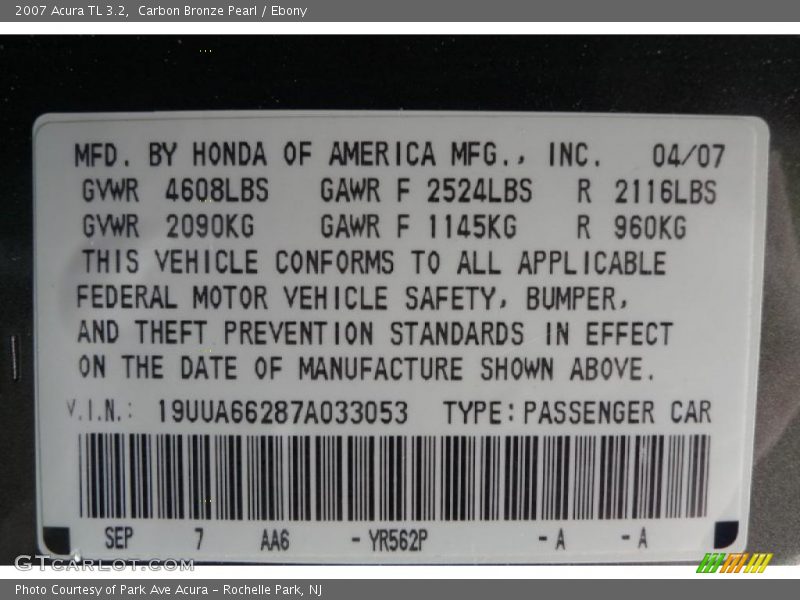 Carbon Bronze Pearl / Ebony 2007 Acura TL 3.2
