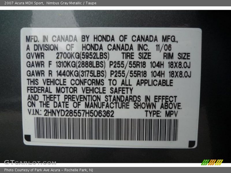 Nimbus Gray Metallic / Taupe 2007 Acura MDX Sport