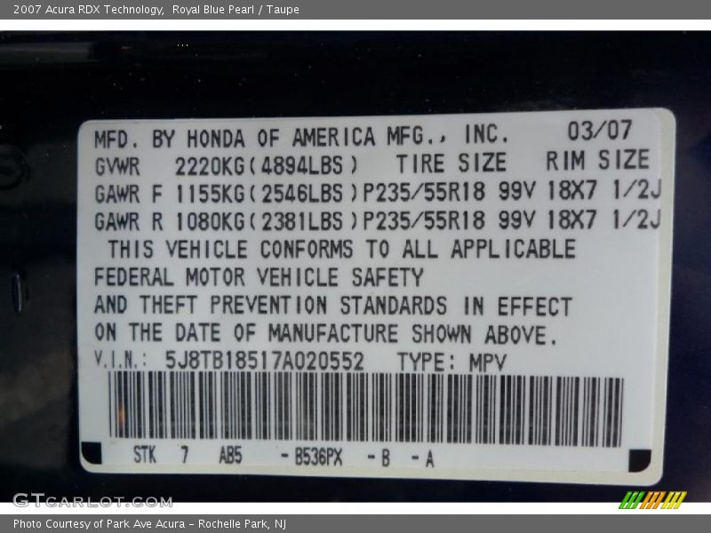 Royal Blue Pearl / Taupe 2007 Acura RDX Technology