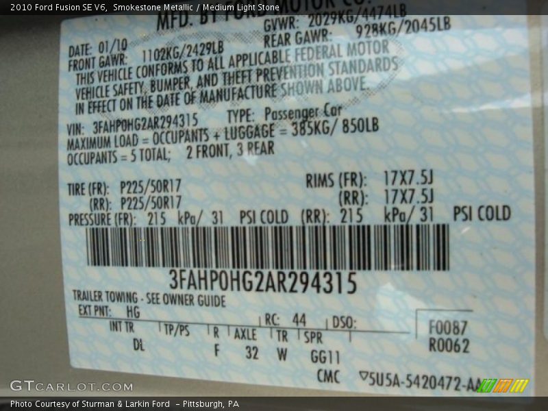 Smokestone Metallic / Medium Light Stone 2010 Ford Fusion SE V6