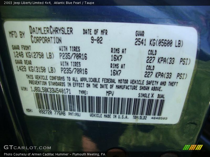 Atlantic Blue Pearl / Taupe 2003 Jeep Liberty Limited 4x4
