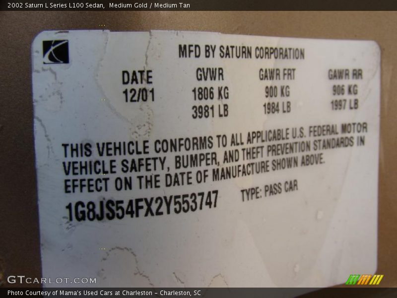 Medium Gold / Medium Tan 2002 Saturn L Series L100 Sedan