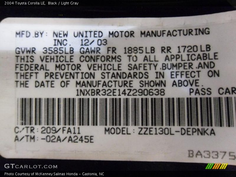 Black / Light Gray 2004 Toyota Corolla LE